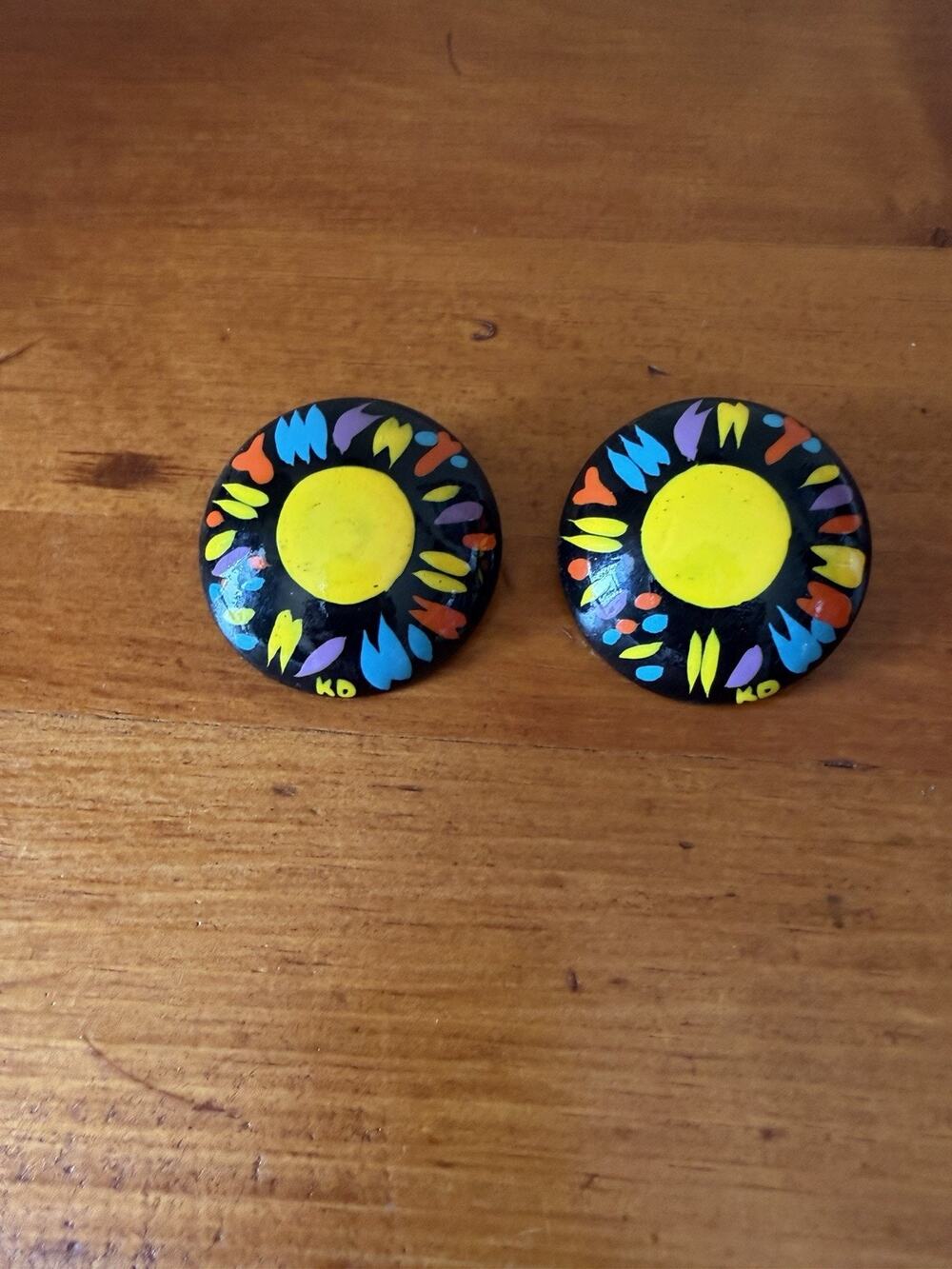 Signed KD Hand Painted Statement Earrings Large Colorful Retro Disc Artistic